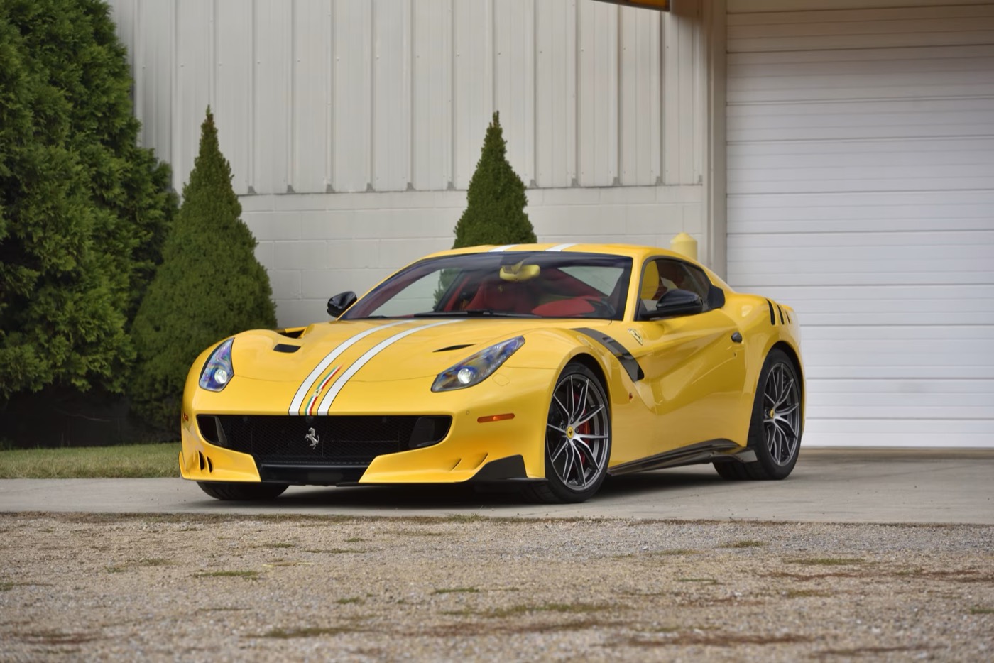 Yellow Ferrari F12tdf with a tricolore center stripe