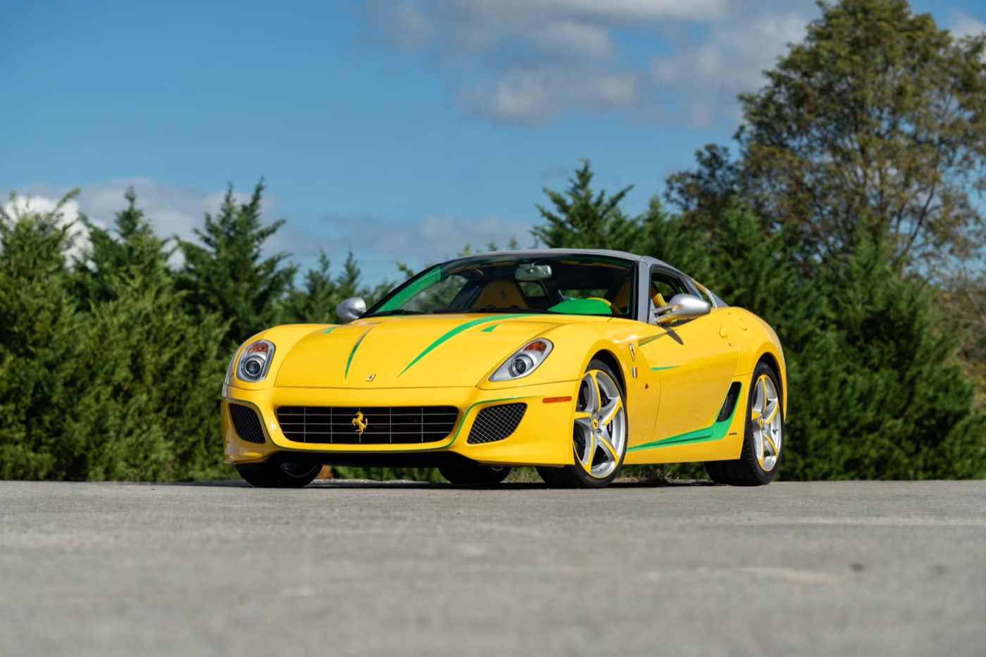 Yellow Ferrari 599 SA Aperta with green accents